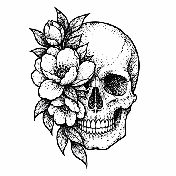 Dotwork floral skull stencil example