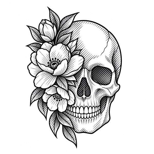 Hatching floral skull stencil example