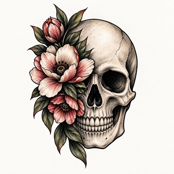 Floral skull tattoo reference with pale flowers and dark leaves